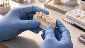 Gloved hands inspecting a tooth-coloured ceramic restoration on a dental cast.