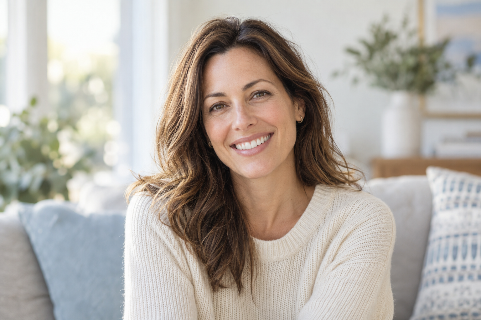 A woman smiling naturally in a softly sunlit setting